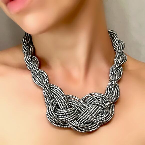 Beaded Multi Strand Twisted Knot Statement Collar Necklace, Silver Grey (NWT) - Picture 7 of 7